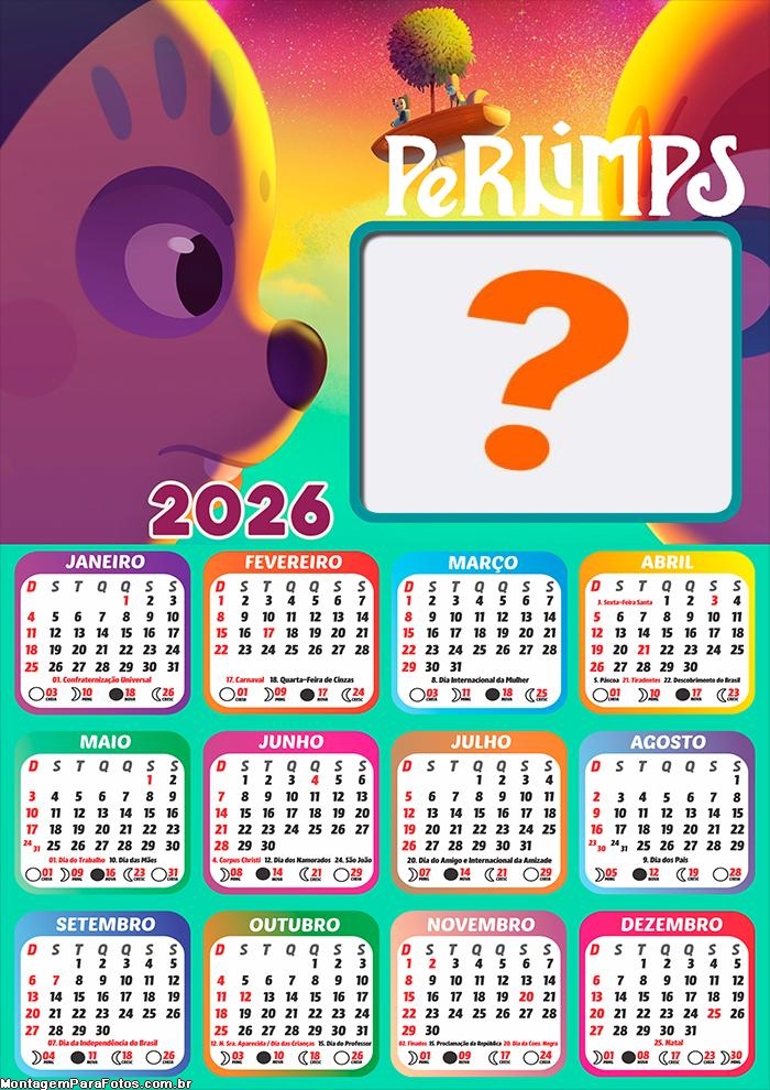 Calendário 2026 Perlimps Fazer Colagem Grátis