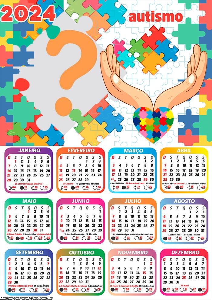 Calendário 2024 Autismo Tema Colagem Grátis Online