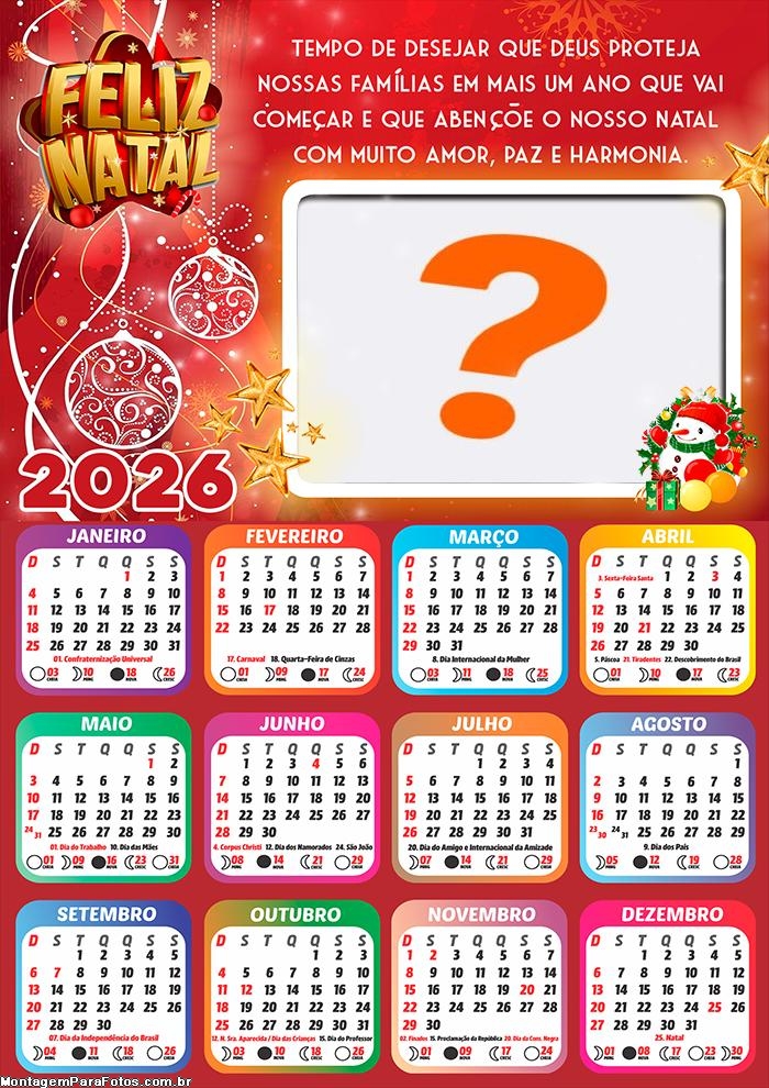 Calendário 2026 Feliz Natal Deus Proteja Nossas Famílias Fazer Colagem Grátis