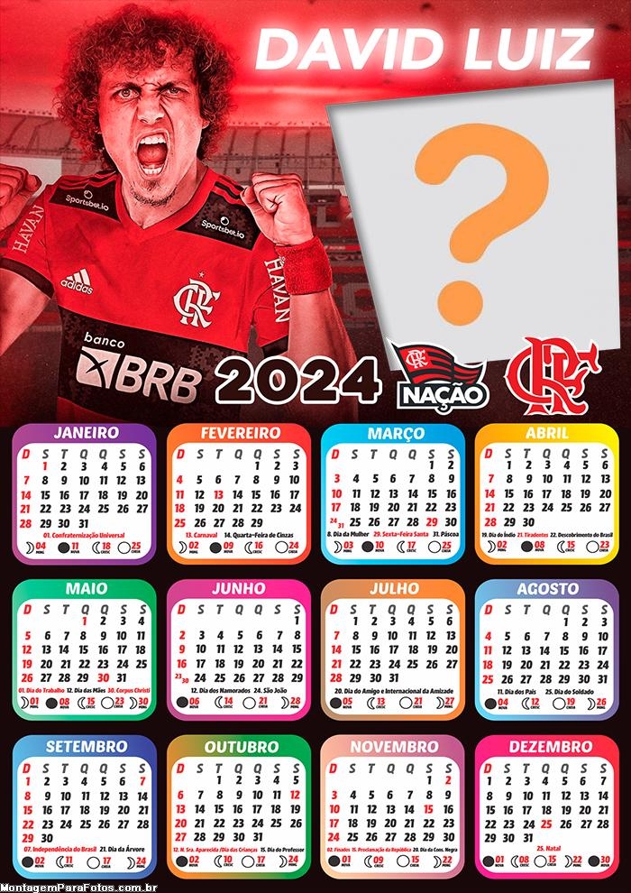 Calendário 2024 com Foto Online Flamengo Davi Luiz