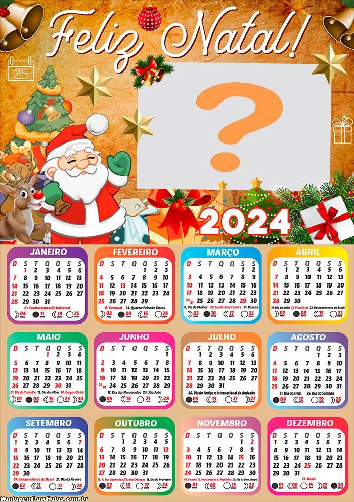 Calendário 2024 Feliz Natal Papai Noel e Rena Montagem