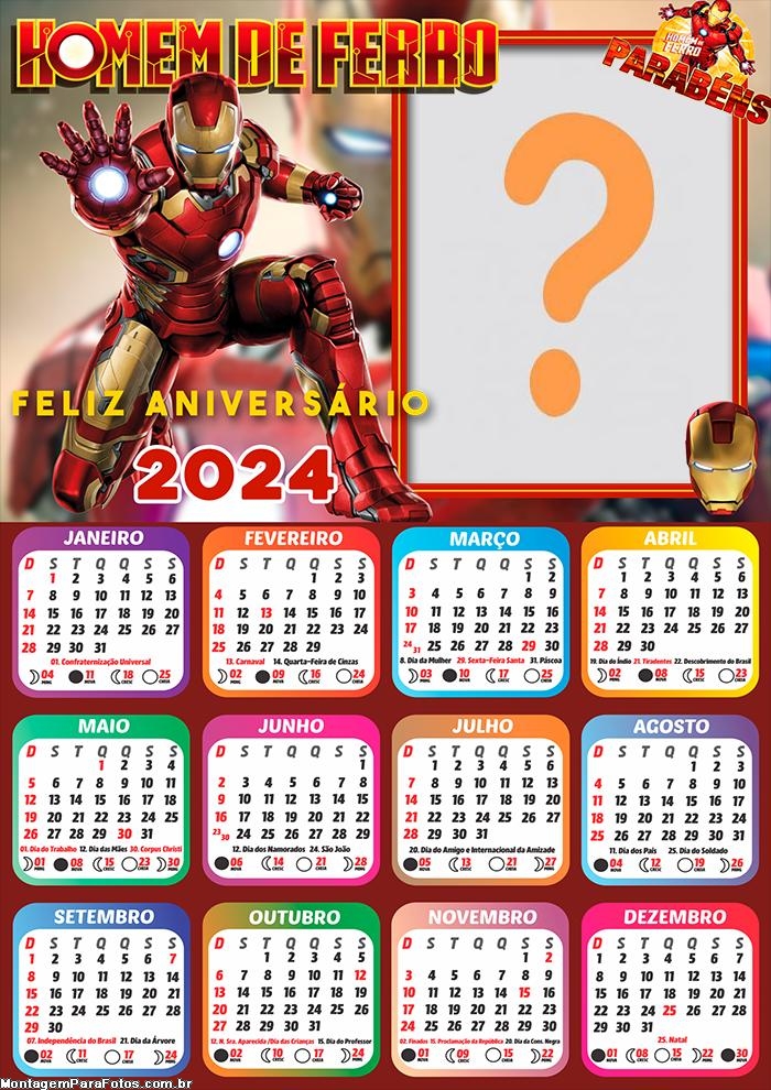 Calendário 2024 Feliz Aniversário Homem de Ferro Juntar Foto