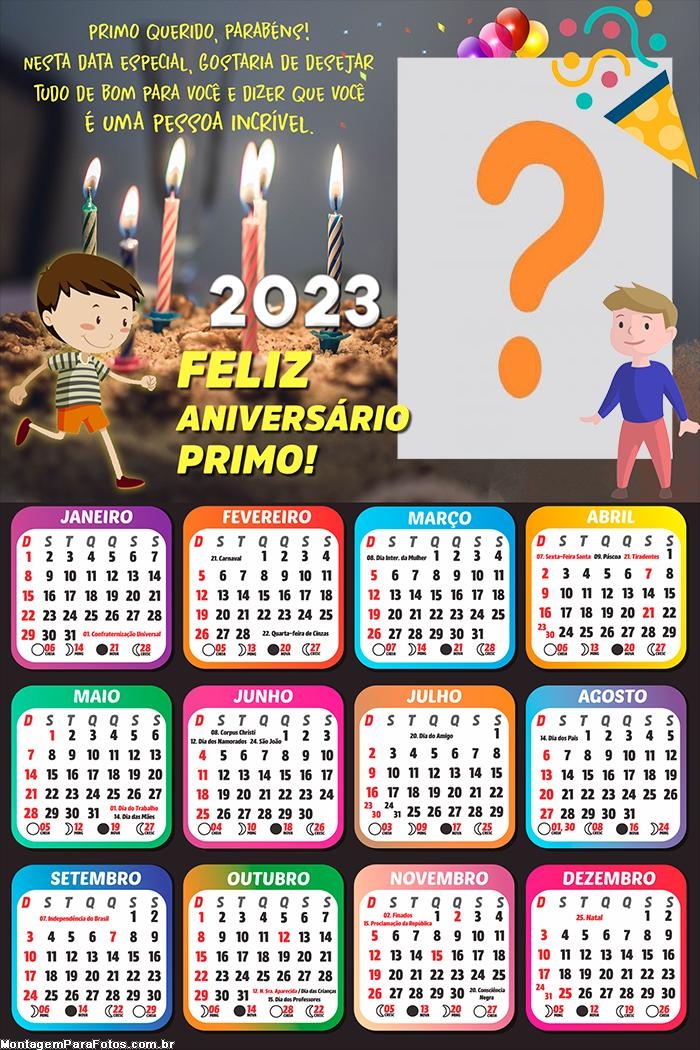 Calendário 2023 Moldura de Feliz Aniversário Meu Primo