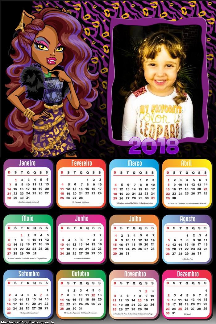 Calendário 2018 Clawdeen Monster High