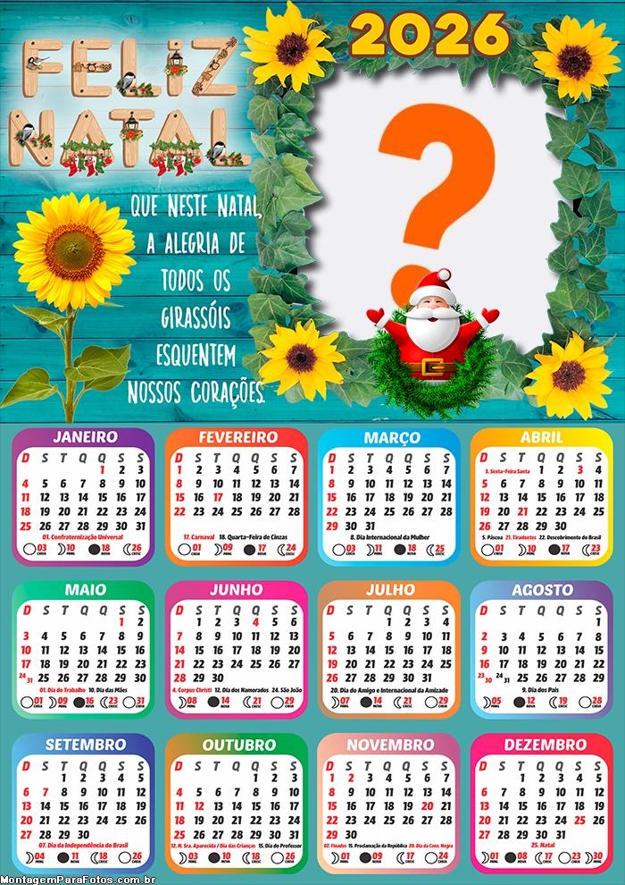 Calendário 2026 Girassóis no Natal Montar Foto Grátis