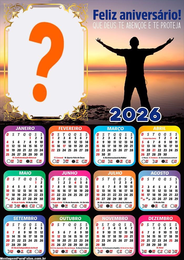 Calendário 2026 Feliz Aniversário Abençoado Foto Montagem
