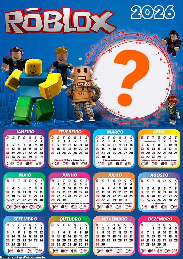Calendário 2026 Roblox Game Fazer Colagem Grátis