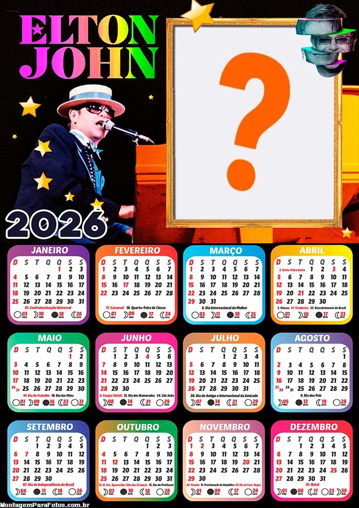 Calendário 2026 Elton John Montagem de Foto