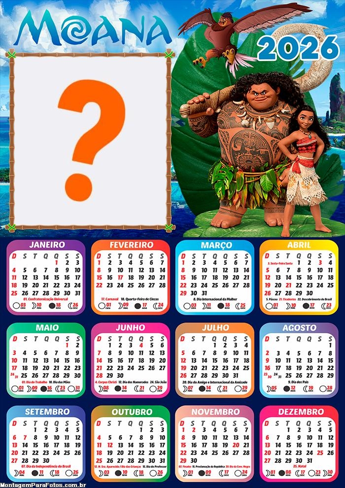 Calendário 2026 Moana e Maui Colar Foto Online