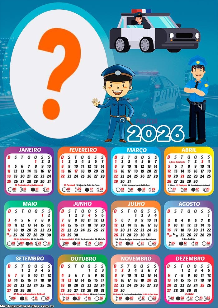 Calendário 2026 Polícia Tema Infantil Fazer Colagem Grátis