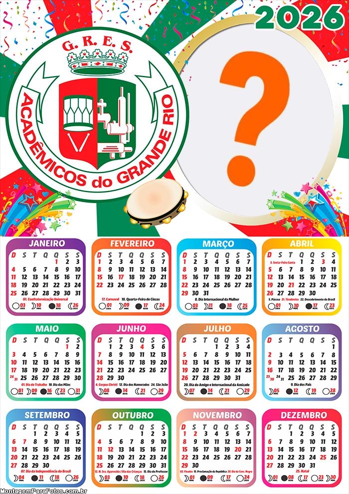Calendário 2026 Acadêmicos do Grande Rio Juntar Foto Online