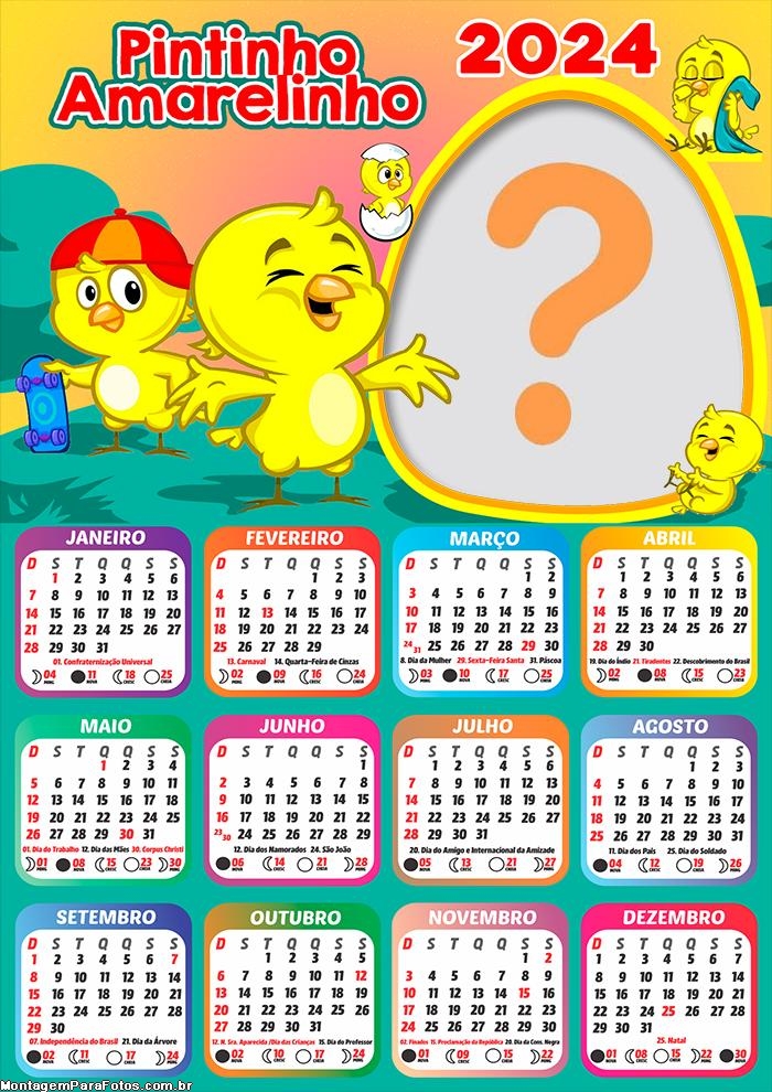 Calendário 2024 Pintinho Amarelinho Galinha Pintadinha Colagem Infantil