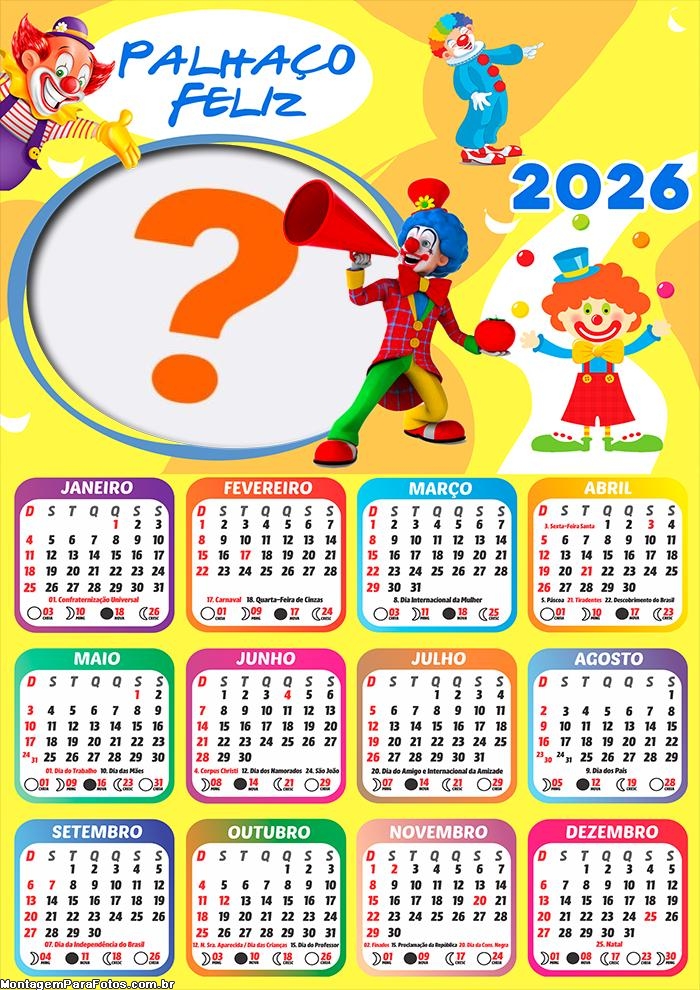 Calendário 2026 Palhaço Feliz Fazer Colagem Grátis