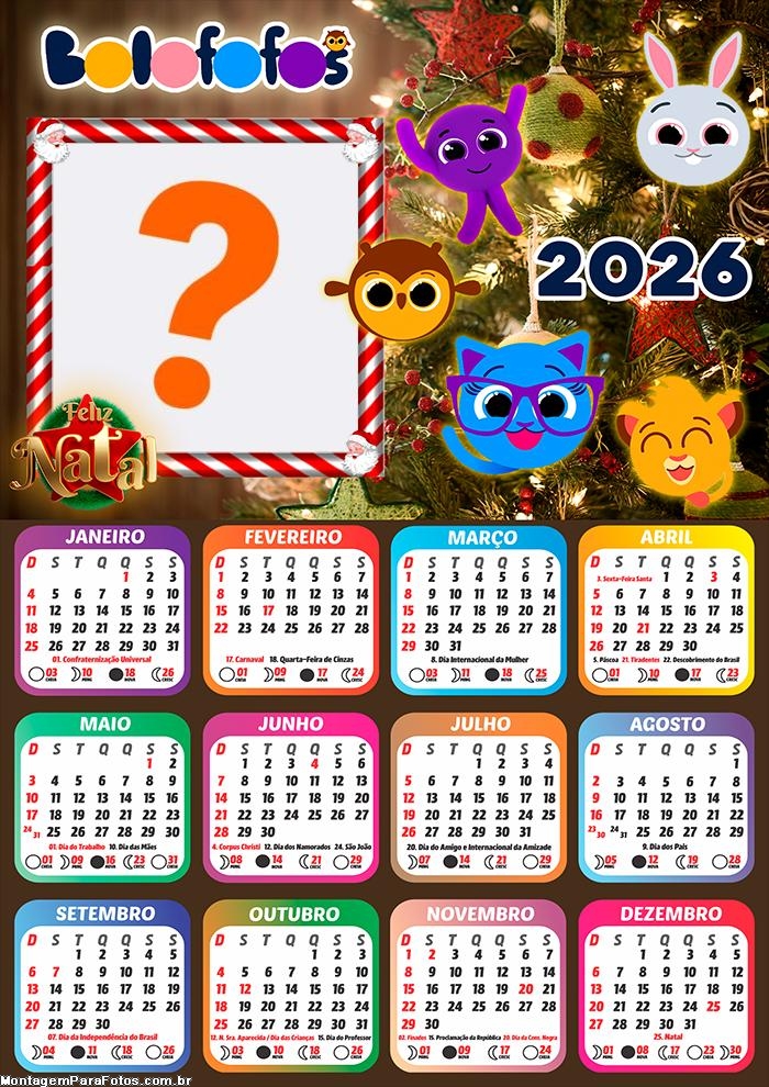 Calendário 2026 Feliz Natal Bolofofos Foto Moldura