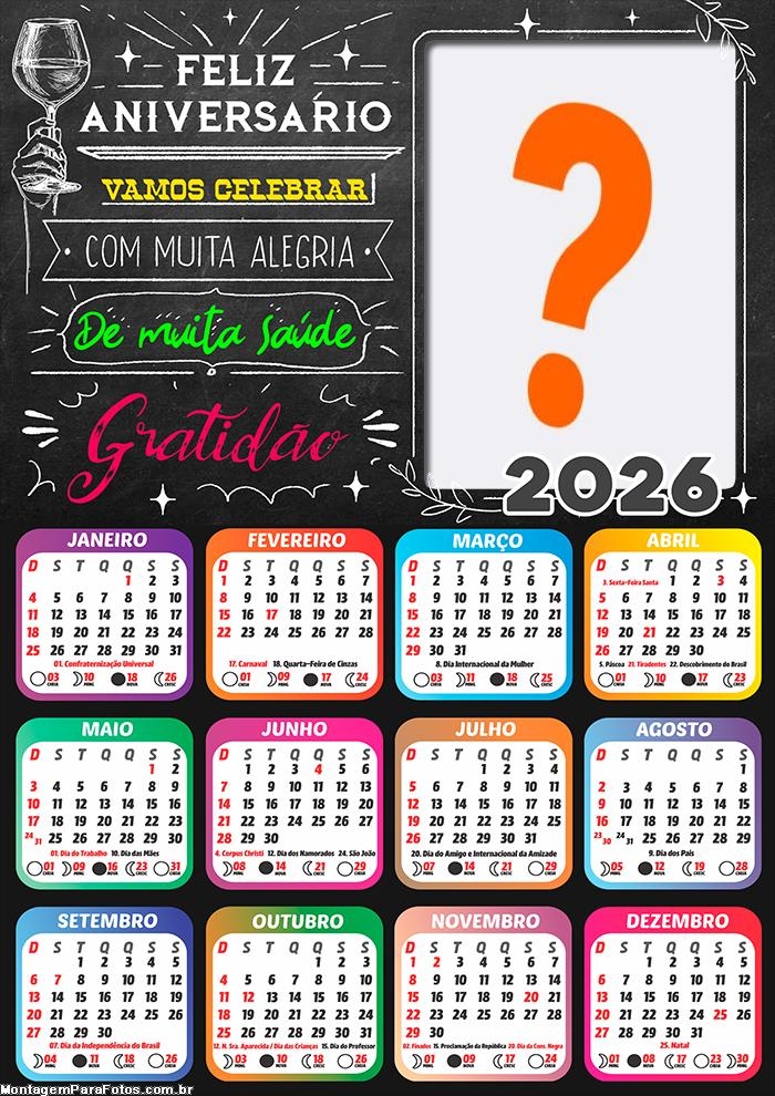 Foto em Calendário 2026 Feliz Aniversário Gratidão Online
