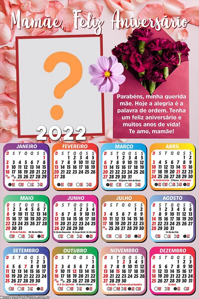 Calendário 2022 Mamãe Feliz Aniversário Mensagem | Colagem de Foto Calendário 2022 Mamãe Feliz Aniversário Mensagem | Colagem de Foto