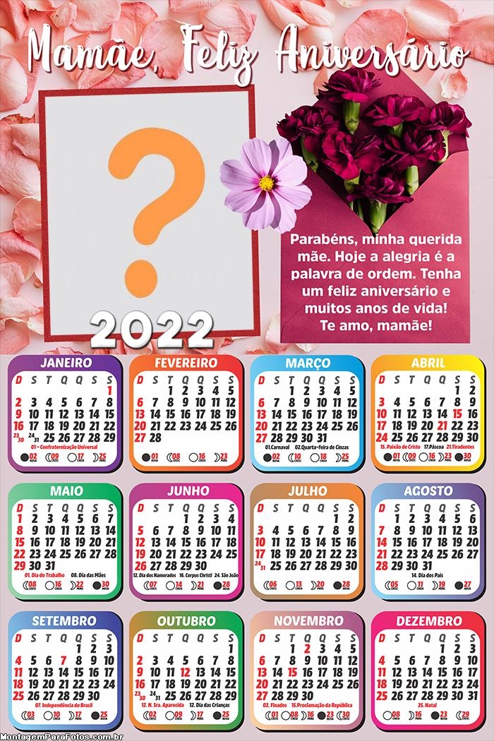 Calendário 2022 Mamãe Feliz Aniversário Mensagem