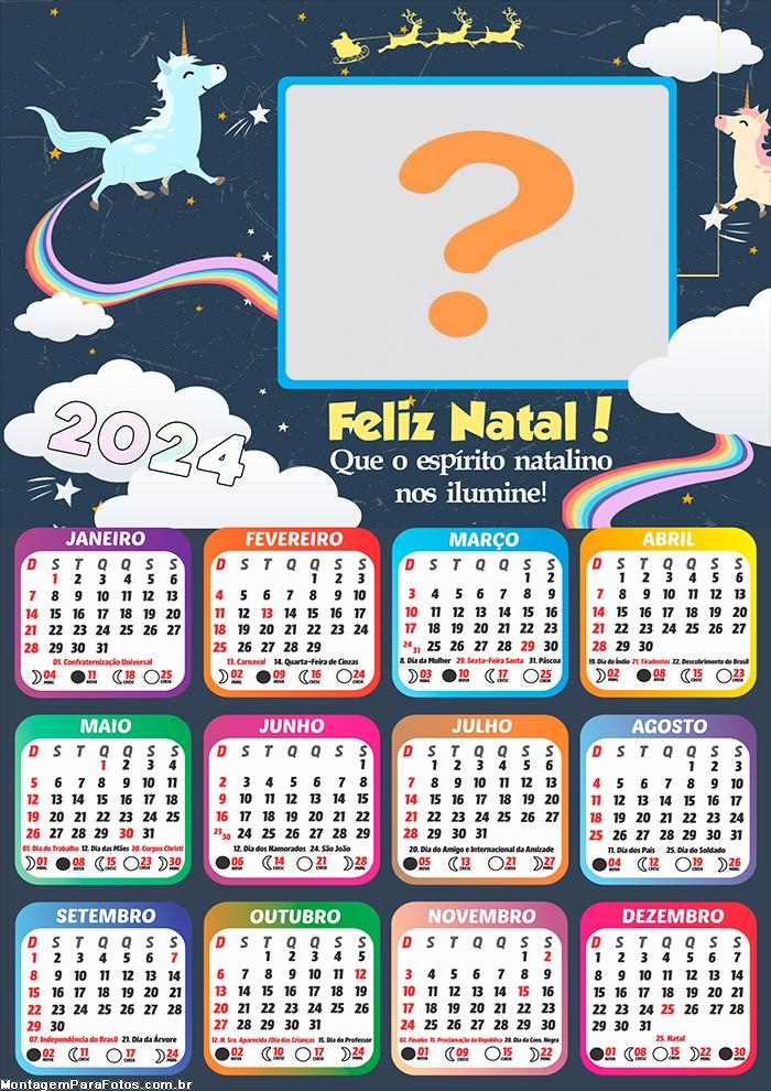 Calendário 2024 Unicórnio Feliz Natal Foto Mensagem