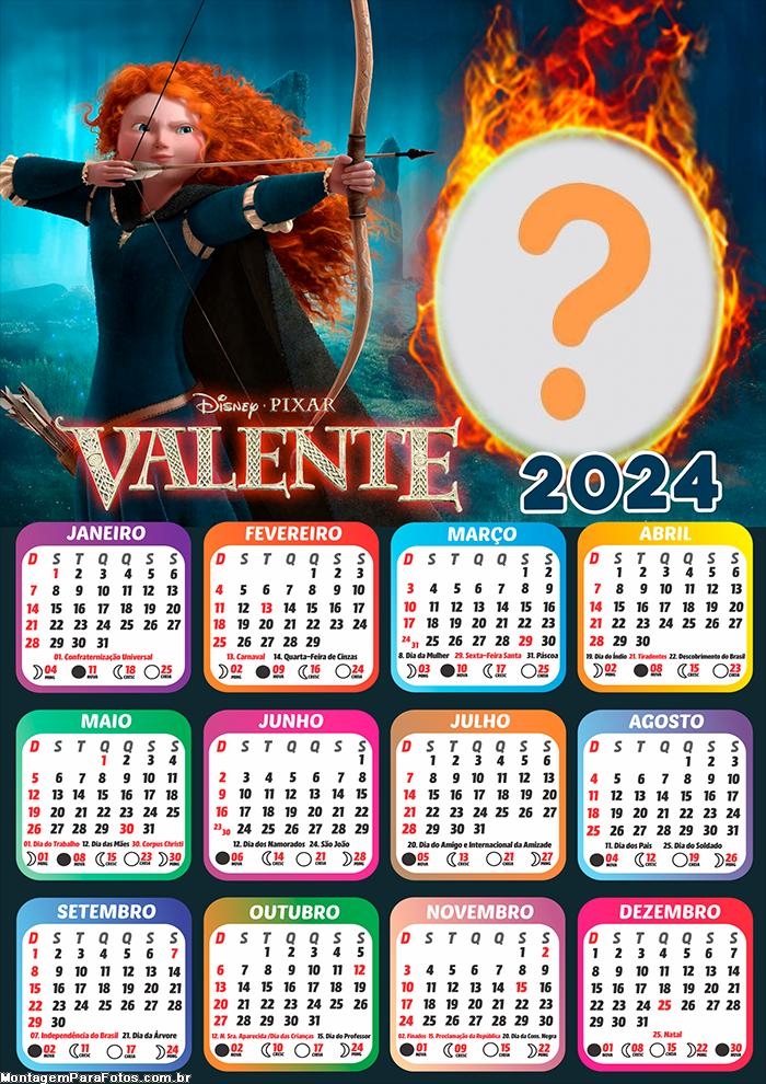 Calendário 2024 Valente Infantil Colagem de Foto