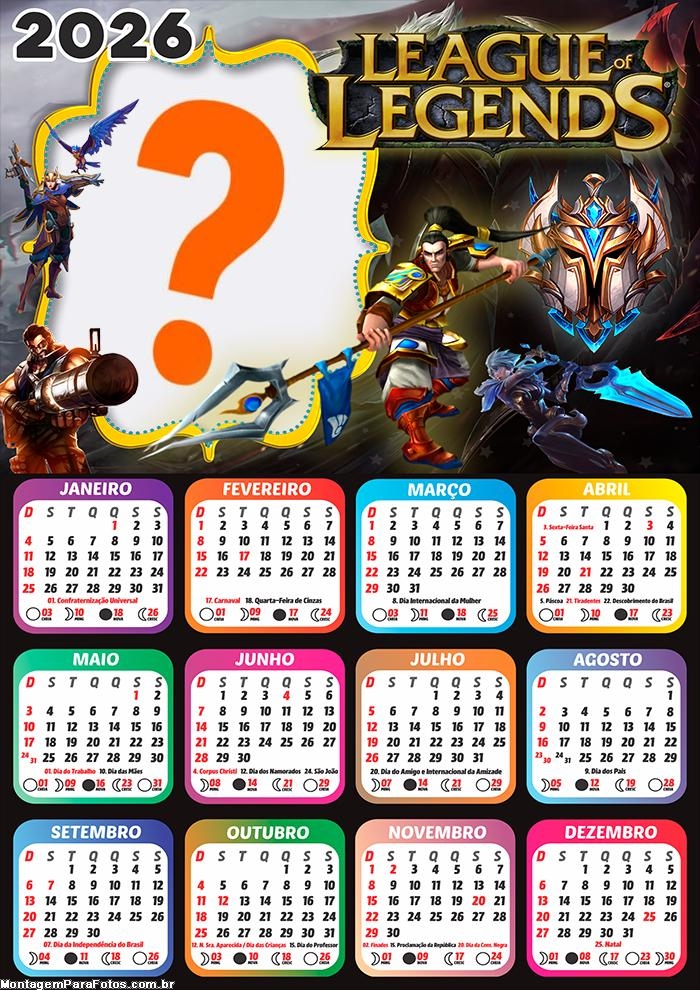 Calendário 2026 League Of Legends Montagem de Foto