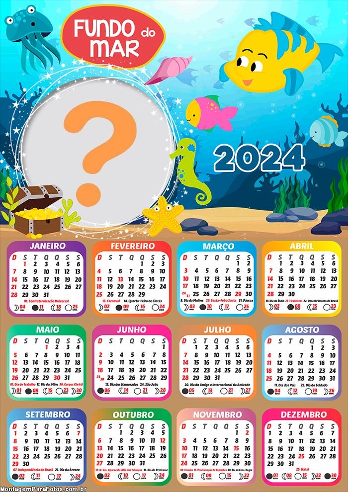 Calendário 2024 Fazer Montagem de Foto Fundo do Mar Tema