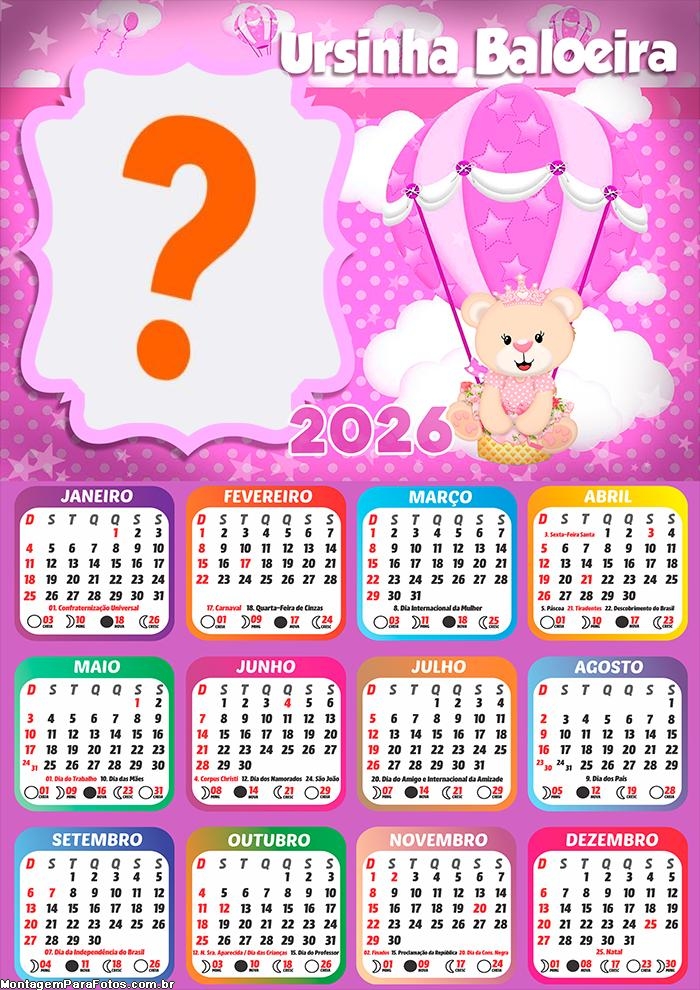 Calendário 2026 Ursinha Baloeira Montar Foto Grátis