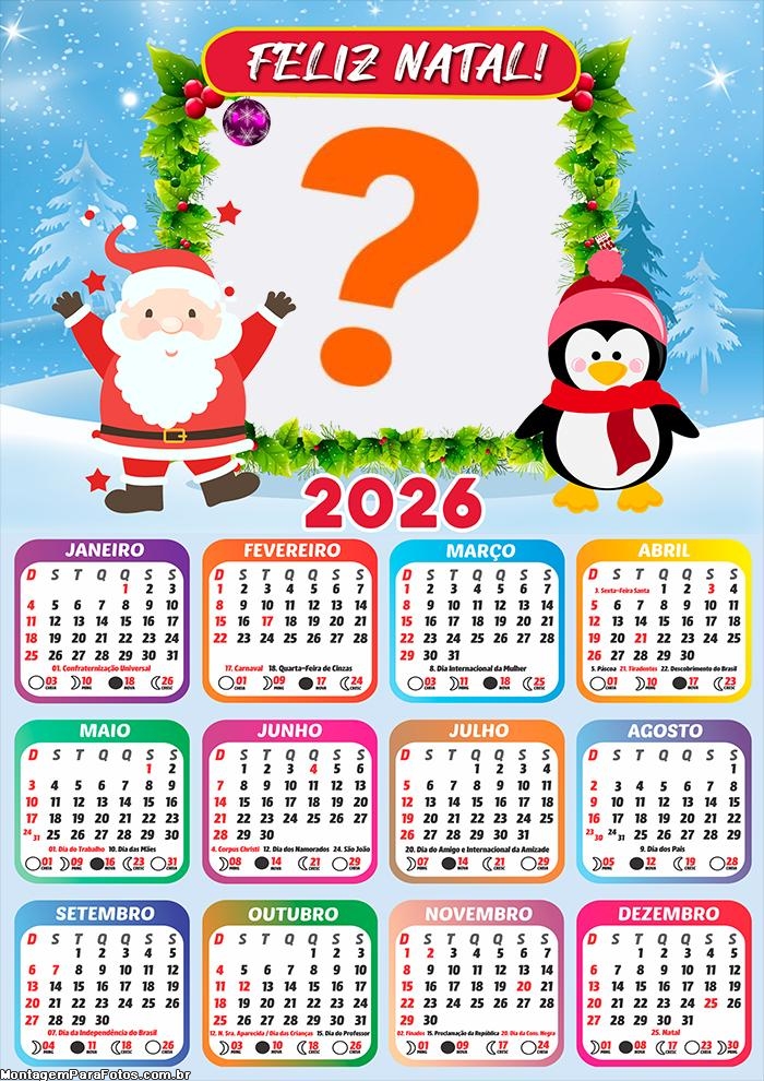 Calendário 2026 Pinguim e Papai Noel Feliz Natal Fazer Colagem Grátis
