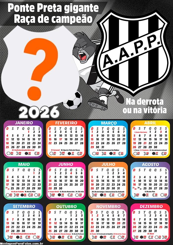 Calendário 2026 Ponte Preta Time de Futebol Foto Moldura