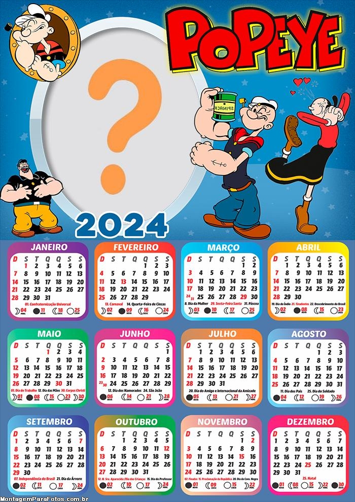 Calendário 2024 Popeye Moldura Grátis