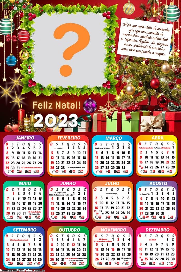 Calendário 2023 Feliz Natal com Mensagem Colocar Foto em Moldura