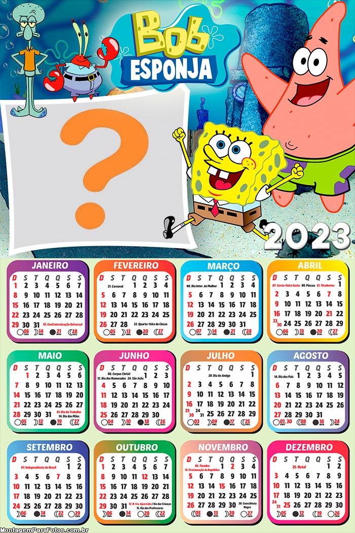 Calendário 2023 Bob Esponja Personalizado | Colagem de Foto Calendário 2023 Bob Esponja Personalizado | Colagem de Foto