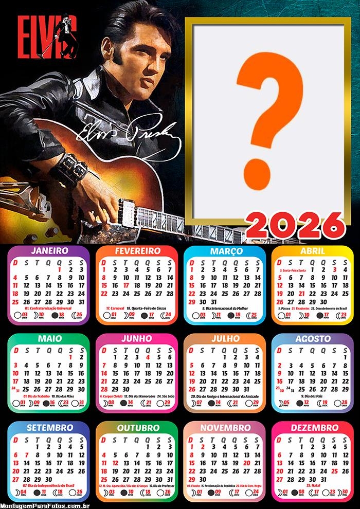Calendário 2026 Elvis Presley Colar Foto Online