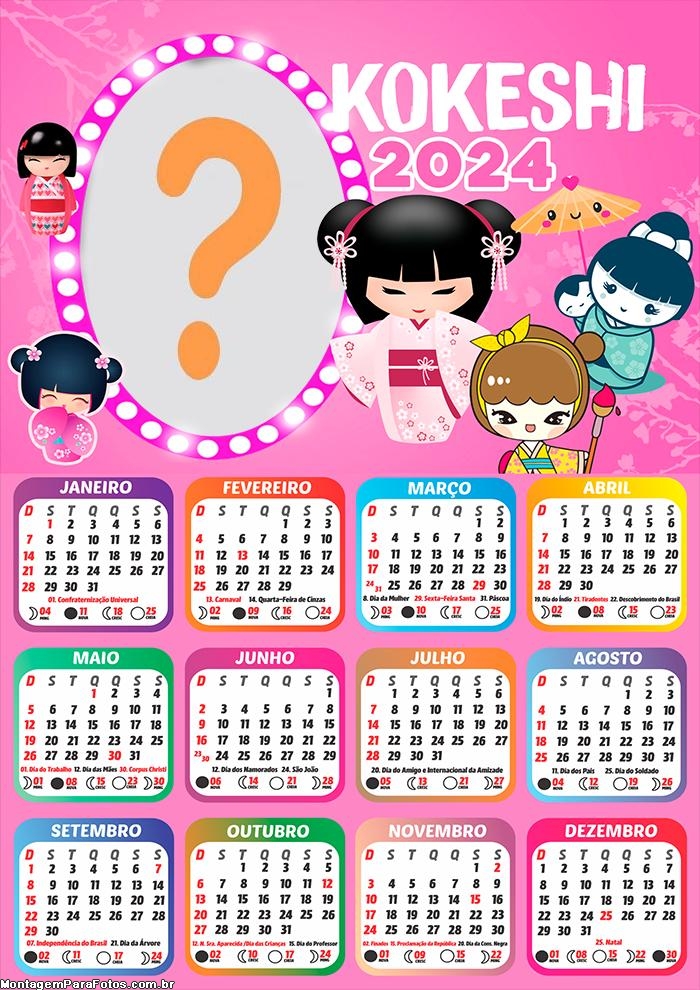 Calendário 2024 Kokeshi Colar Foto Infantil