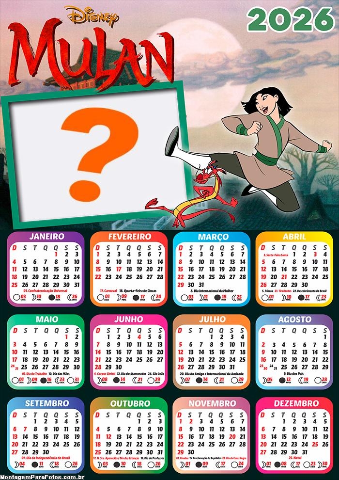Calendário 2026 Mulan Desenho Colar Foto Online