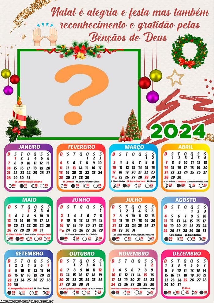 Calendário 2024 Feliz Natal Benções de Deus para Montar Foto e Imprimir