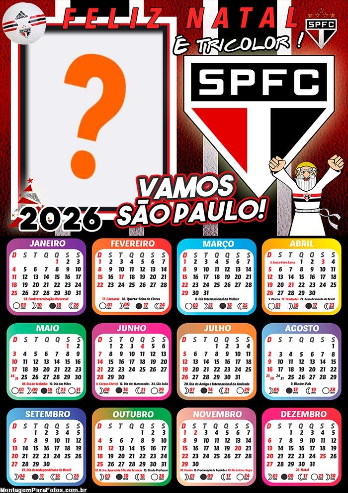 Calendário 2026 Feliz Natal São Paulo Tricolor Foto Colagem