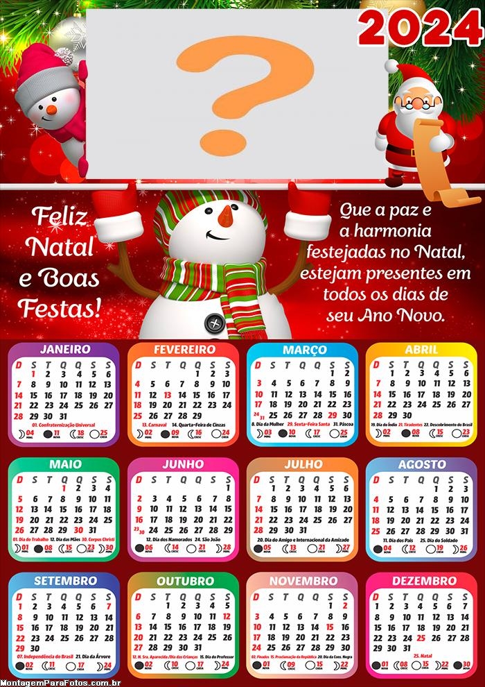 Calendário 2024 Feliz Natal e Boas Festas Frases Natalina