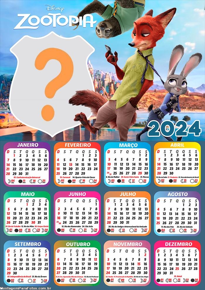 Calendário 2024 Zootopia Virtual Grátis