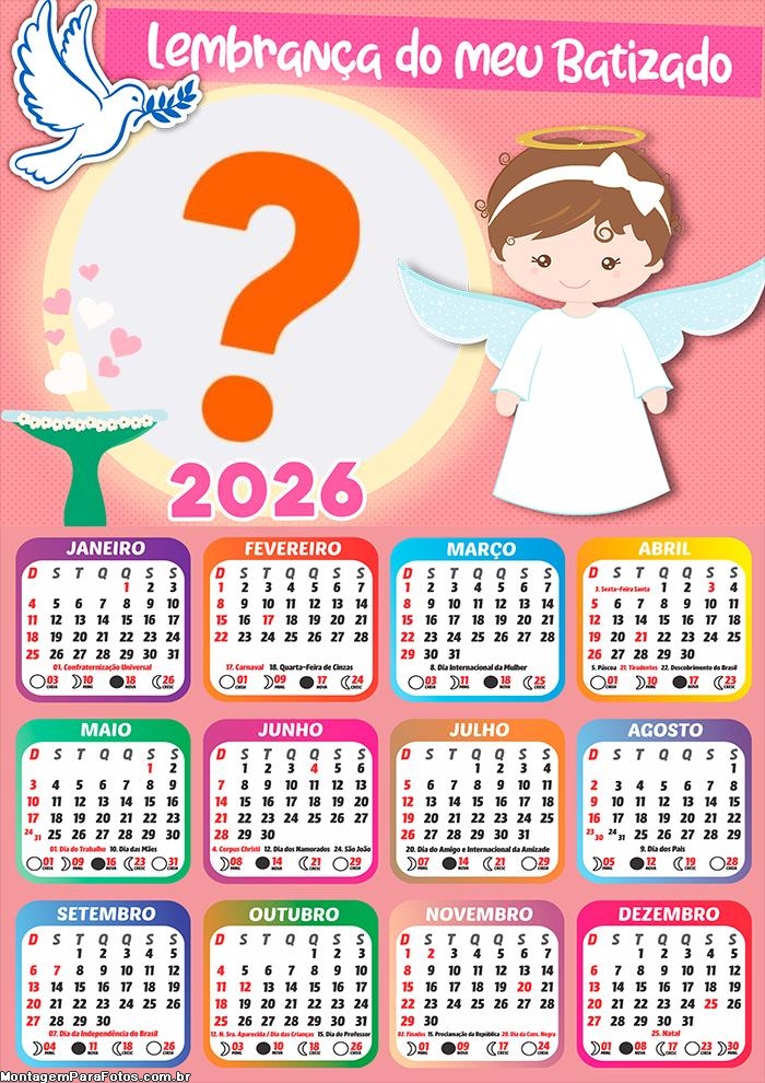 Calendário 2026 Batizado Meninas Colagem Online