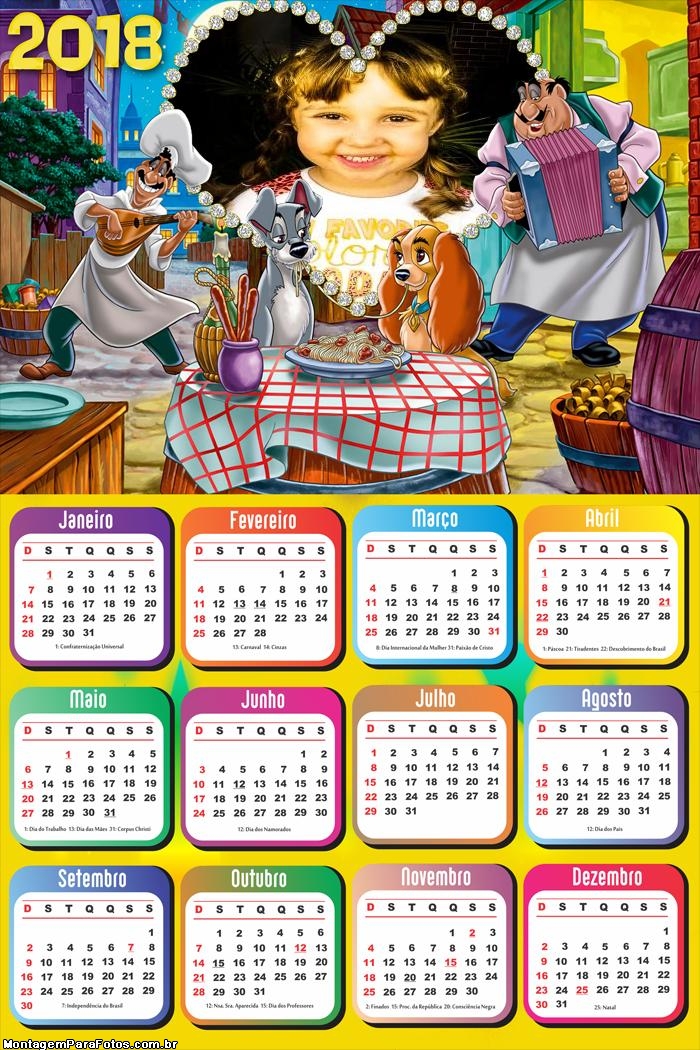 Calendário 2018 do Desenho A Dama e o Vagabundo