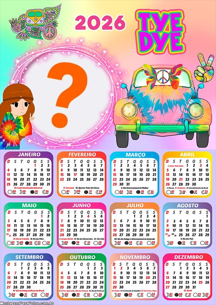 Calendário 2026 Tye Dye Colagem de Fotos