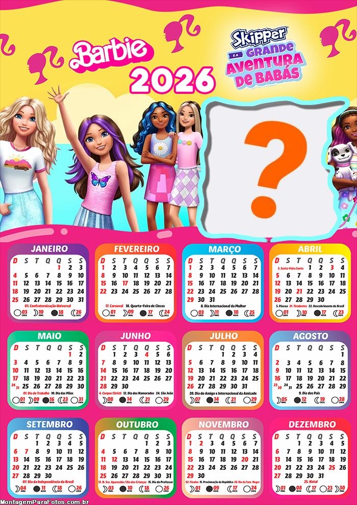 Calendário 2026 Barbie Skipper e a Grande Aventura de Babás Fazer Colagem Grátis