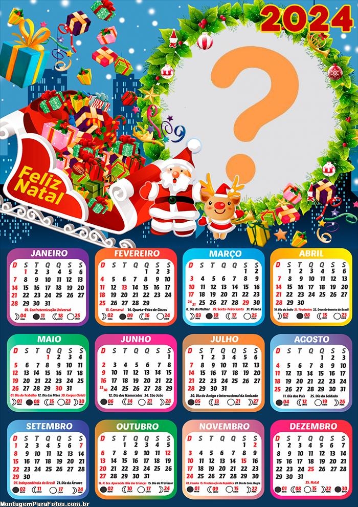 Calendário 2024 Feliz Natal Trenó Papai Noel Colagem de Foto