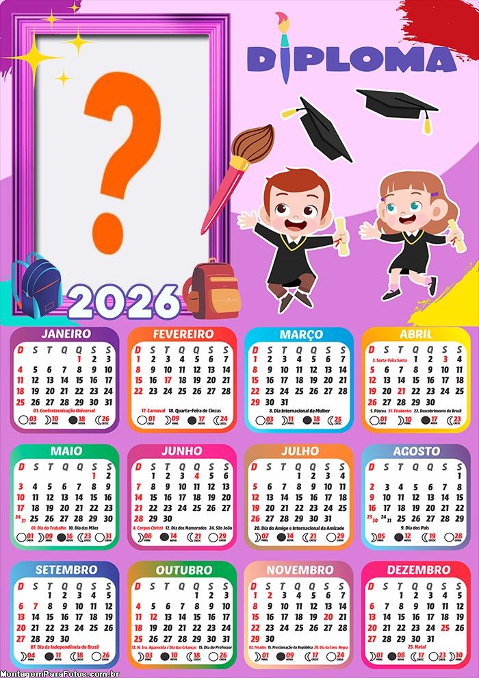 Calendário 2026 Diploma Formatura Colagem Online