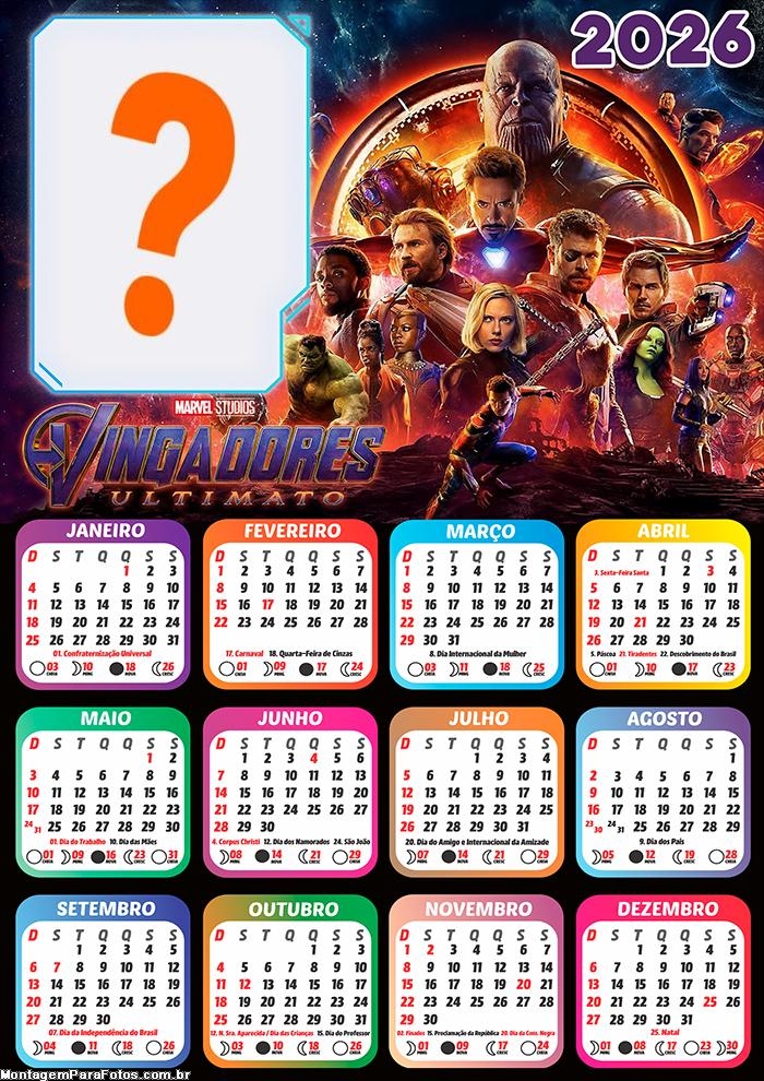 Calendário 2026 Vingadores Ultimato Montar Foto Grátis