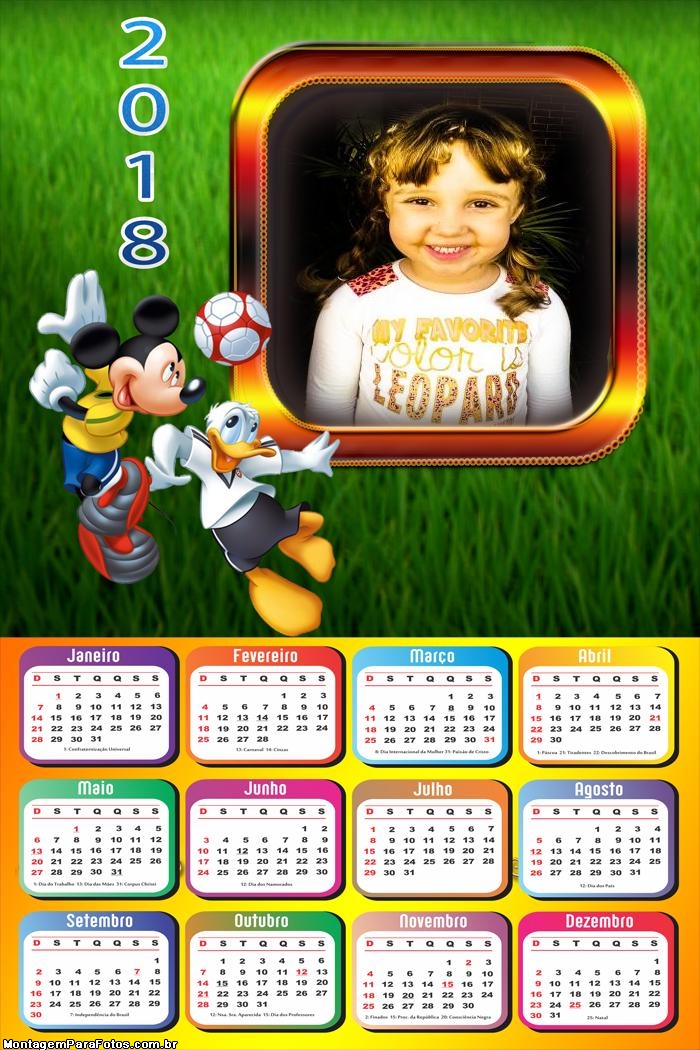 Calendário 2018 Pato Donald e Mickey Futebol