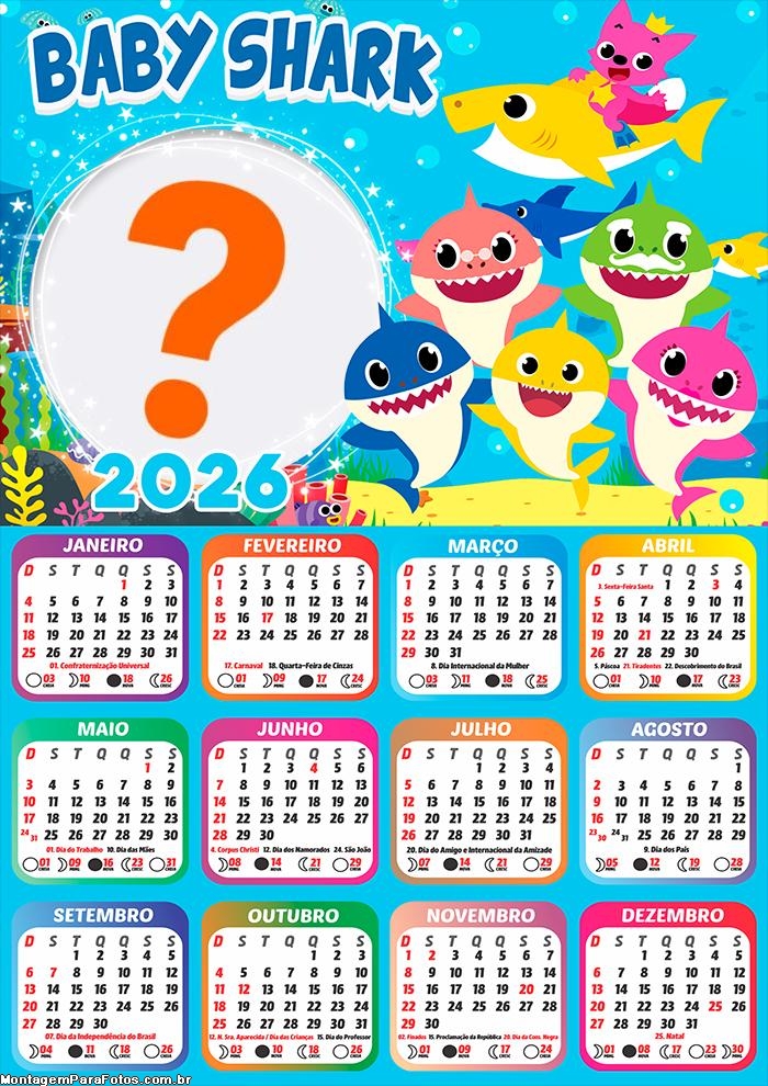 Calendário 2026 Baby Shark para FotoMontagem