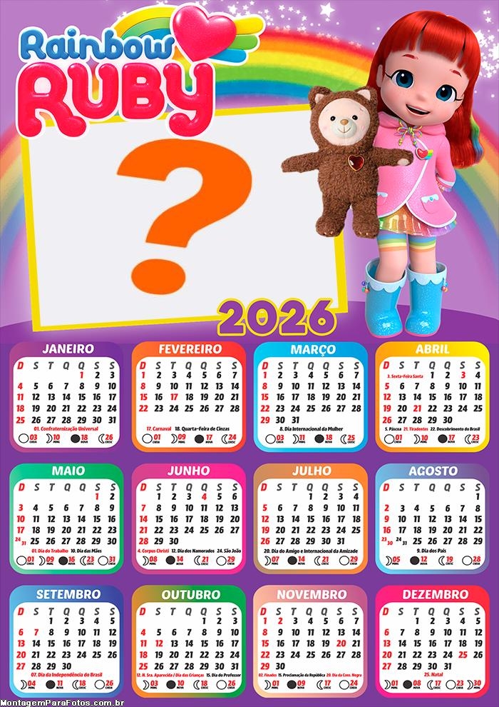 Calendário 2026 Rainbow Ruby Fazer Colagem Grátis