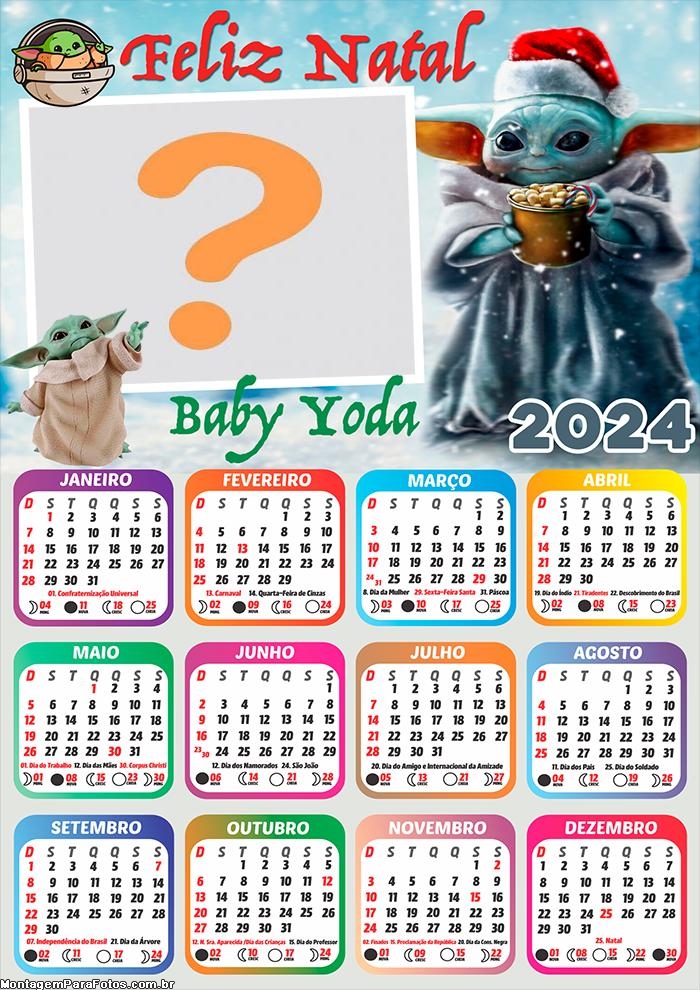 Calendário 2024 Feliz Natal Baby Yoda para Imprimir