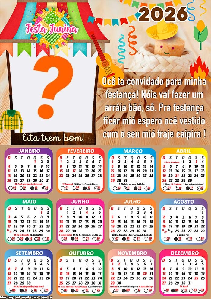 Calendário 2026 Festança Junina Mensagem Montar Foto Grátis